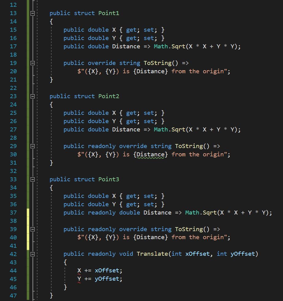 ตัวอย่างโค้ดการใส่ตัวเปลี่ยนแปลงเพิ่มขยายลักษณะ readonly ที่สมาชิกตัวใดตัวหนึ่งโดยจำเพาะเจาะจง